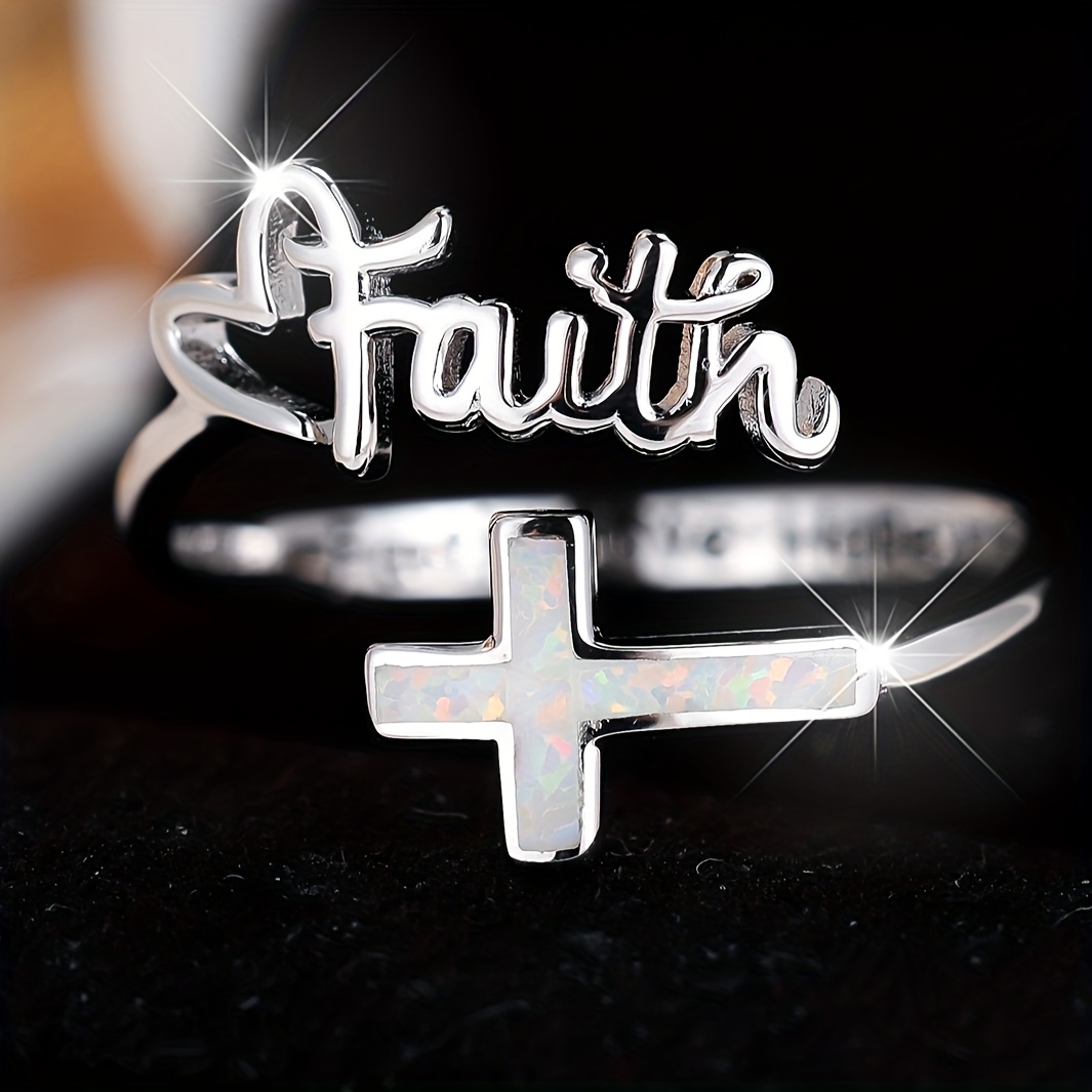 Vintage Boho Opal Cross Ring 925 Silver Plated Script Lettering